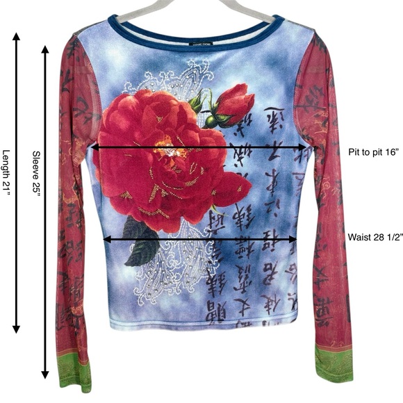 Jane Doe Y2K 90s Grunge Vintage Mesh Sleeve Top Size Medium Floral Blue Red - Picture 13 of 13